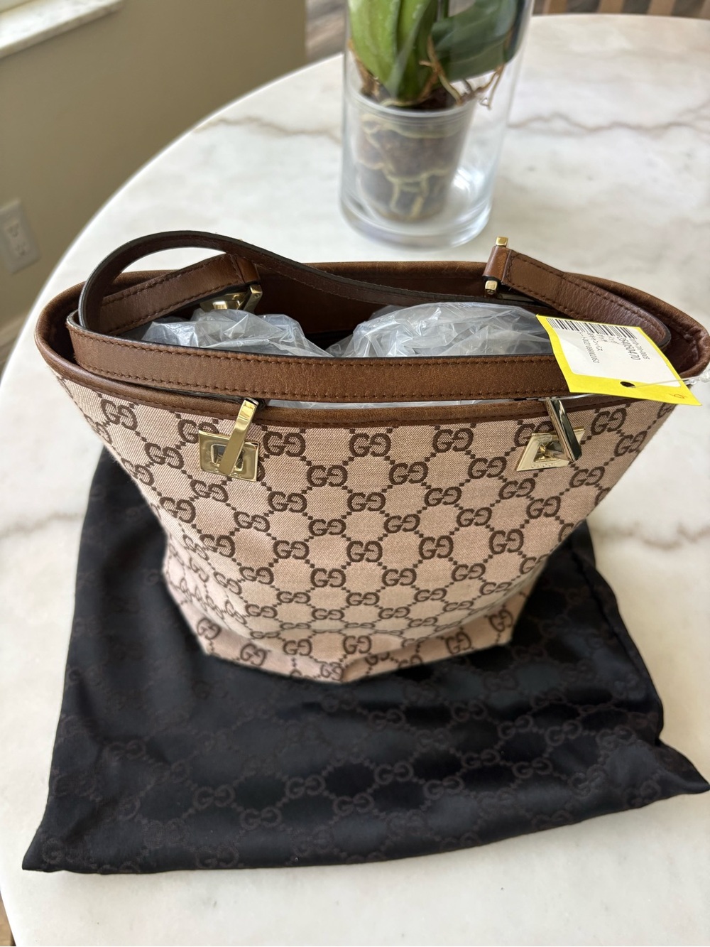 Gucci Beige GG Canvas Shoulder Bag with Brown Trim and Gold Hardware